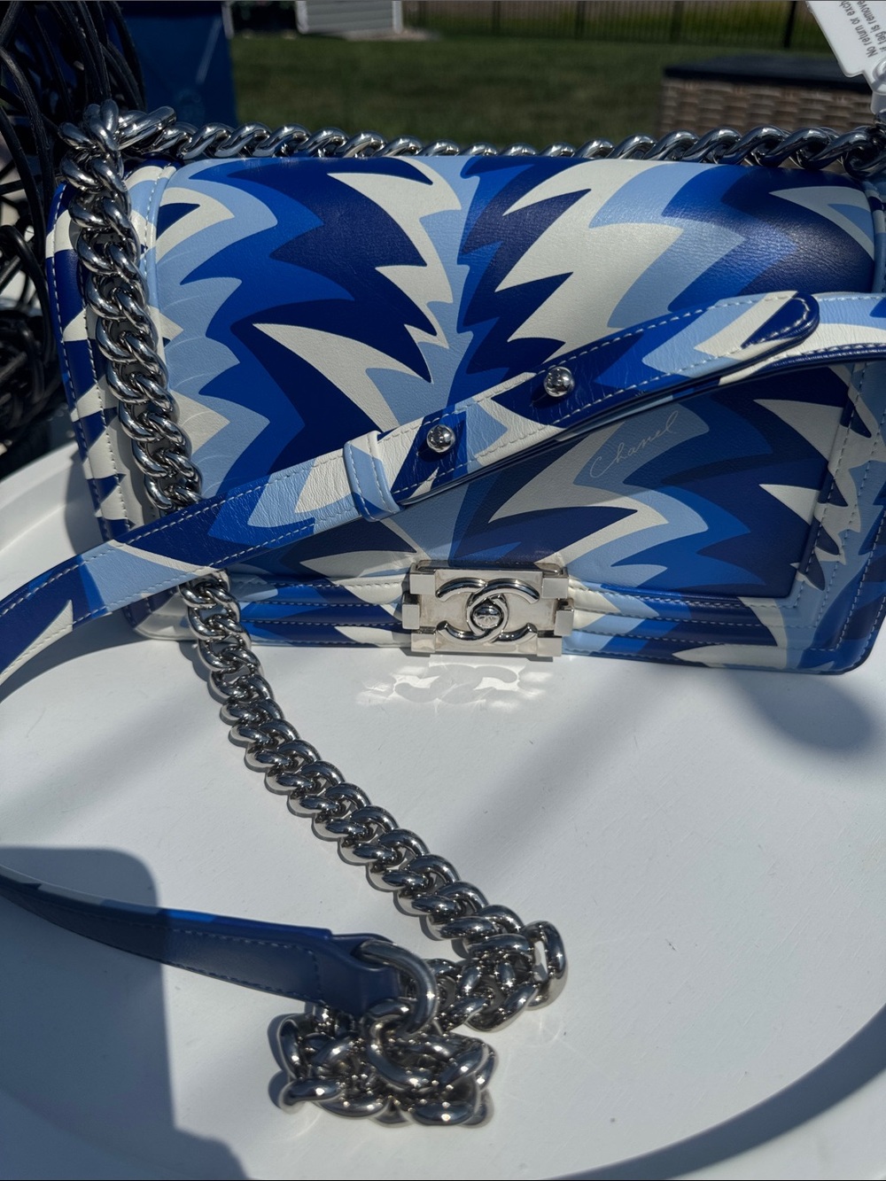 CHANEL Blue & White Chevron Boy Bag with Chain Strap - Picture 3 of 12
